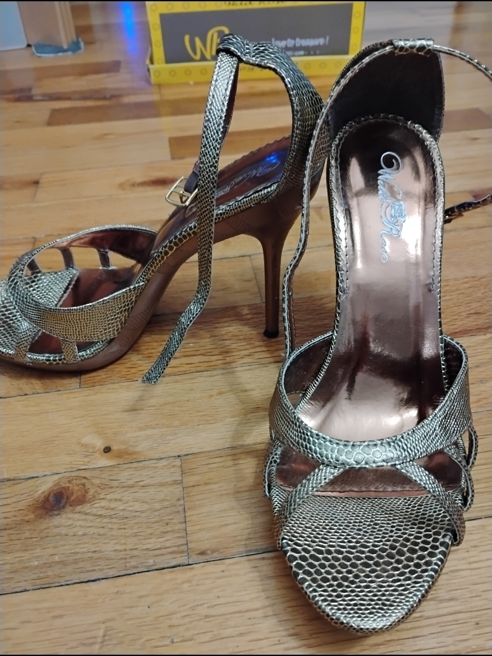 Metallic Bronze Snake Skin Print Strappy High Heels